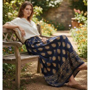 NY Collection Navy Blue & Gold Block Print Maxi Skirt Boho Cotton Size XL